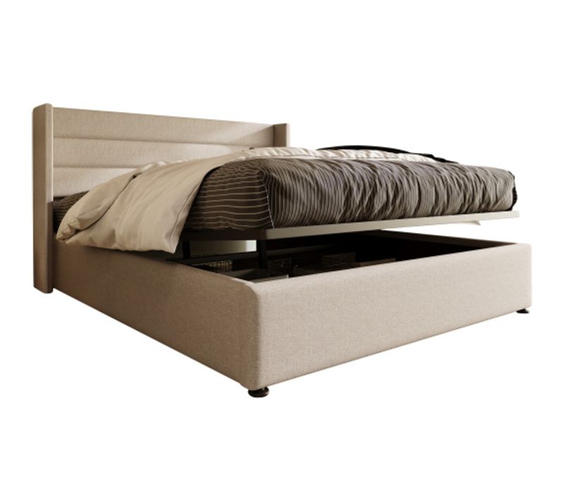 Lit Double Capitonné Avec Coffre Hydraulique 140x200cm, En Lin, Beige