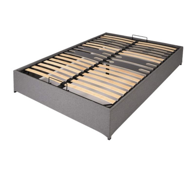 Lit Coffre Savio - 140x190 - Tissu Déco Gris Clair - 36 Lattes Bois - Gain De Place