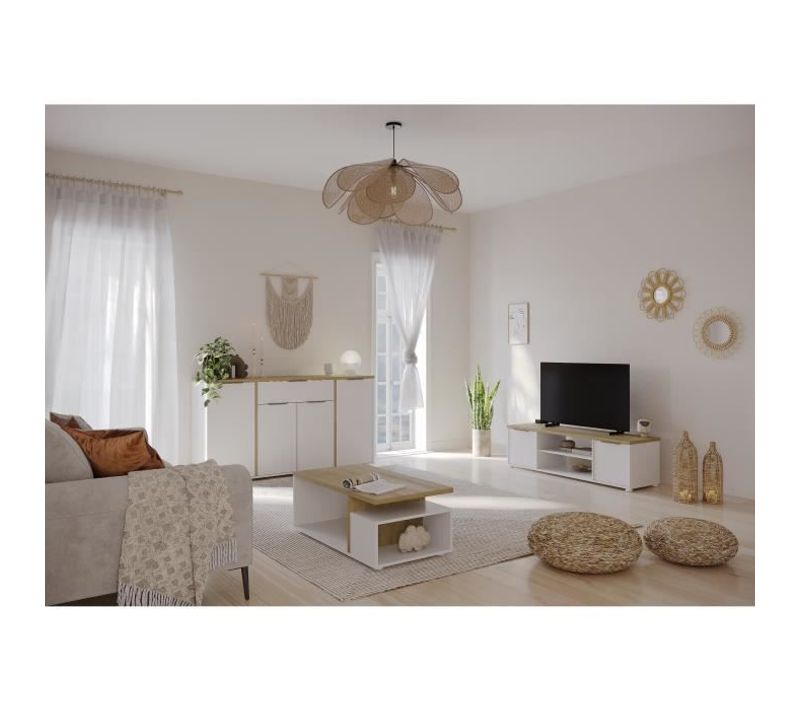 Ensemble Salon Access : Table Basse + Banc TV + Enfilade 4 Portes - Décor Chêne Hamilton Et Blanc