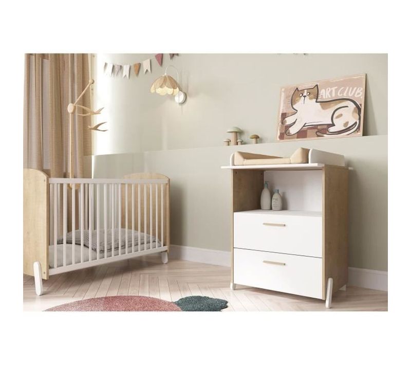 Ensemble Duo 60 Comprenant 1 Lit à Barreaux 60 X 120 Cm Et 1 Commode à Langer 2 Tiroirs - Naili - Ha