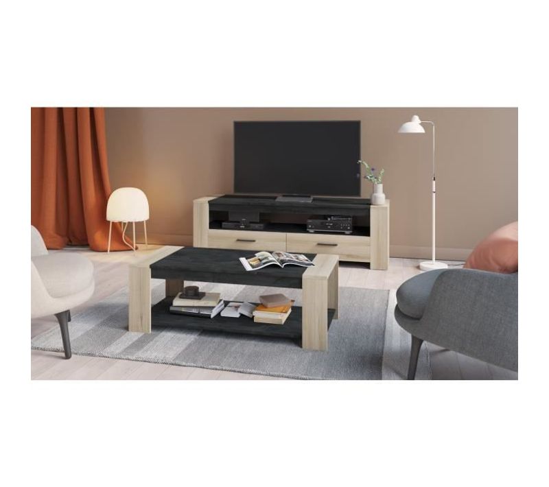 Ensemble Salon Sheffield : Table Basse Double Plateau Supérieur Et Inférieur + Meuble TV 2 Tiroirs