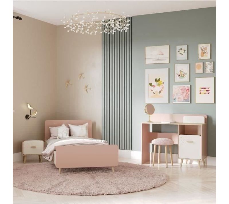 Chambre Complete Enfant - Suzie - Lit 90 X 190 Cm / Chevet / Bureau - Chene / Abricot -