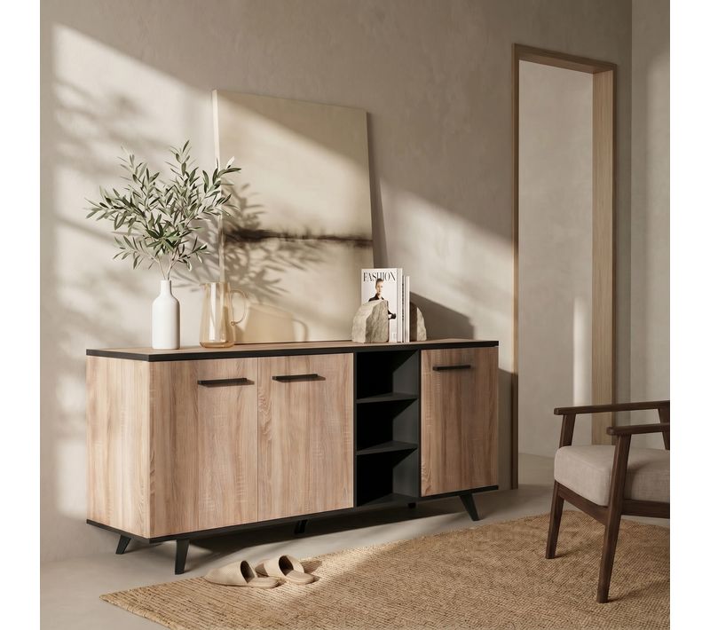 Buffet L.160 cm WAYNE Imitation chêne et noir