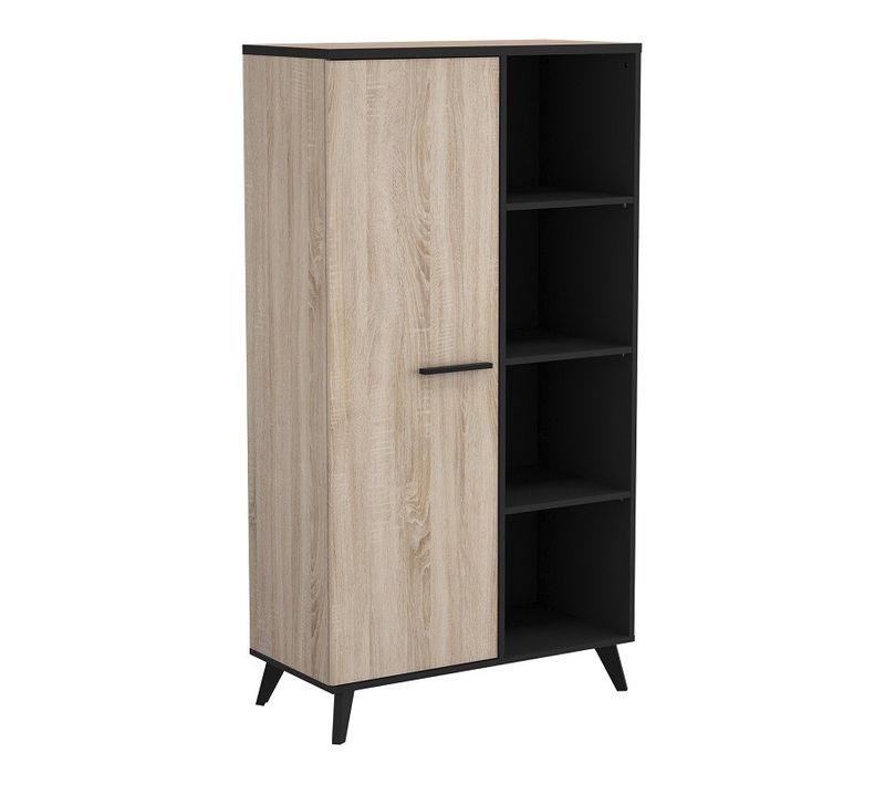 Vitrine 1 Porte + 4 Niches - Décor Chene Et Noir - L 83 X P 39,2 X H 153,9 Cm - Wayne