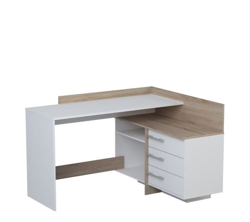 Bureau D'angle 3 Tiroirs - Décor Chene Et Blanc - L 128,5 X P 105,7 X H 83,2 Cm - Thales