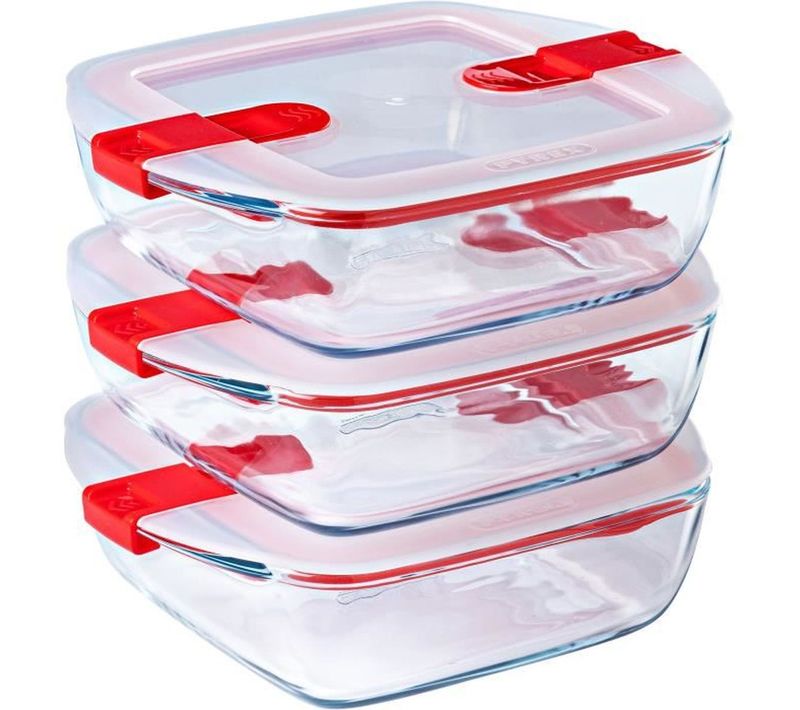 Lot De 3 Lunch Boxes Carrées 1 L Cook et Heat - Verre Borosilicate, Couvercles à Vapeur