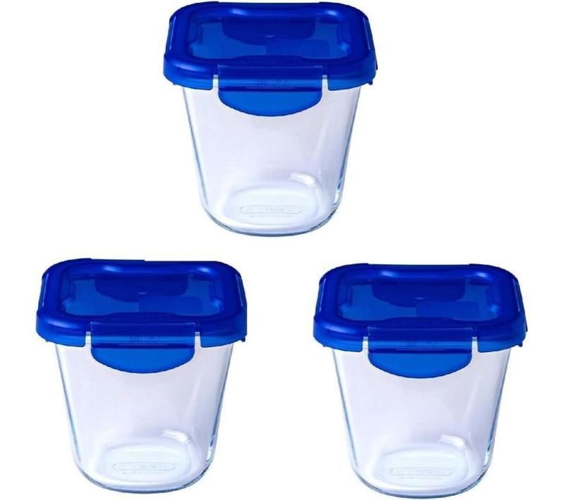 Lot De 3 Boîtes Pasta Box 12 X 12 Cm - 0,8 L, Verre Avec Couvercles Étanches Bleu