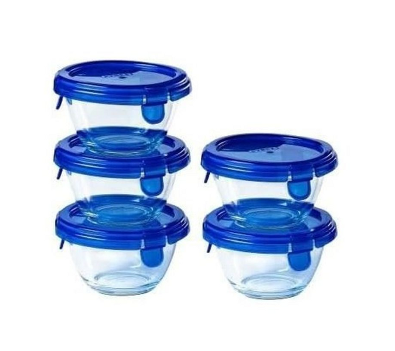 Cook et Go - Lot De 5 Mini Bols Ronds 0,2 L En Verre Avec Couvercles Bleus