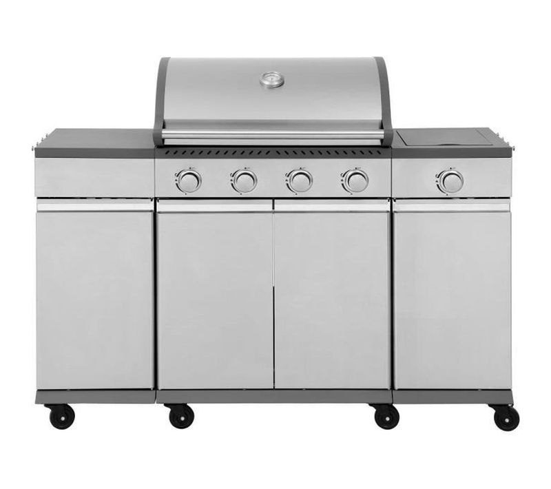 Barbecue Gaz Sur Chariot Inox 70x42 Cm – 5 Brûleurs Et Plancha Fonte