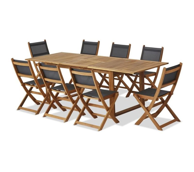Salon Repas Extensible Acacia 8 Personnes – Table 180–240×90×75 Cm + 8 Chaises Pliantes