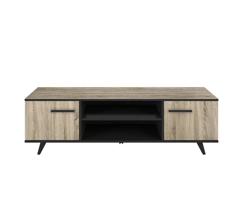 Meuble TV 2 Portes Et 2 Niches L151,4 Cm - Décor Chêne Et Noir