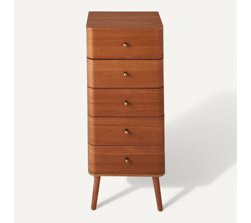 Chiffonnier 5 Tiroirs Avec Bords Arrondis Et Placage Bois H100 Cm