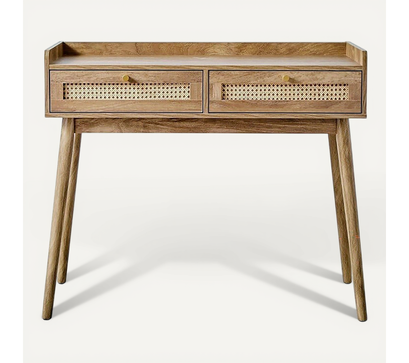 Console 2 Tiroirs Avec Façades En Rotin Et Pieds En Bois L100 Cm