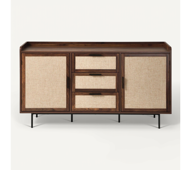 Buffet Décor Noyer 2 Portes, 3 Tiroirs Façades En Tissu L140 Cm