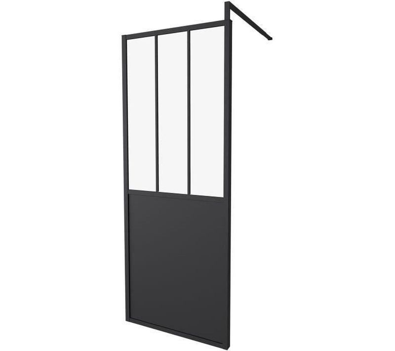 Paroi Fixe 80x200 Cm Style Industriel - Verre 5 Mm, Cadre Aluminium Noir Mat