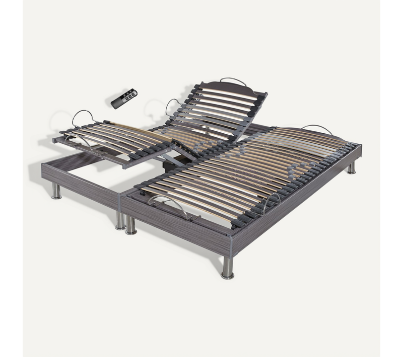 Sommier électrique S62+lattes Bois - Réglage Fermeté Zone Lombaires - 2x70x190 - Gris