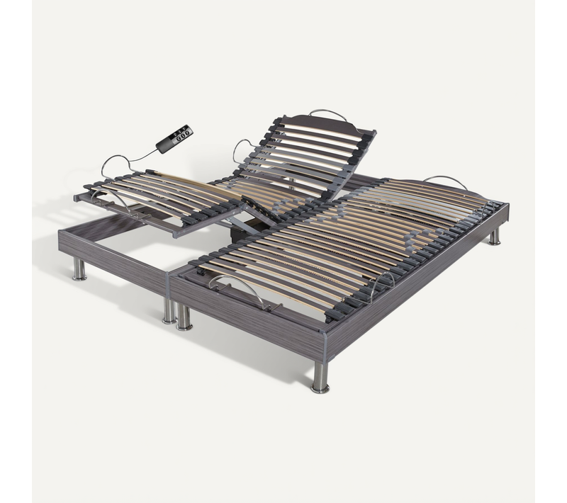 Sommier électrique S62+lattes Bois - Réglage Fermeté Zone Lombaires - 2x80x200 - Gris