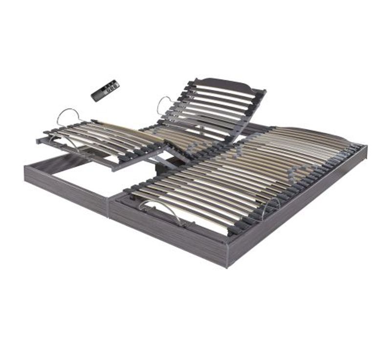 Sommier électrique S62+lattes Bois - Réglage Fermeté Zone Lombaires - 2x90x200 - Gris