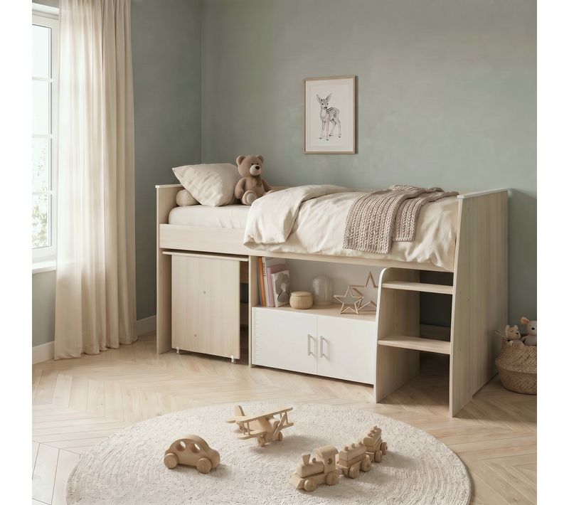Lit combiné LOAN 90x200 cm avec bureau imitation acacia et blanc