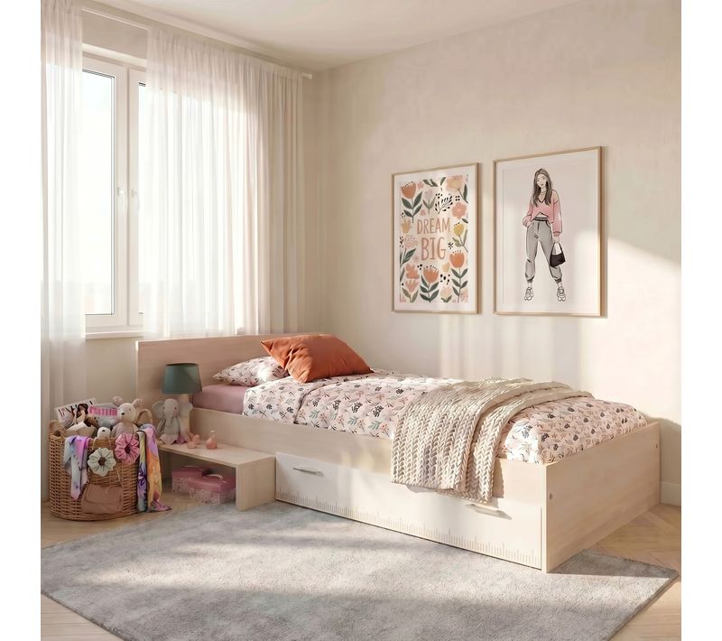 Lit 90x190 LOAN tiroir imitation Acacia clair et blanc