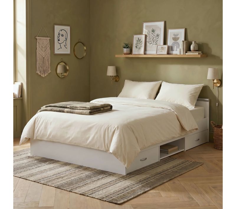 Lit 140x190 cm avec rangements tiroirs NASHVILLE blanc