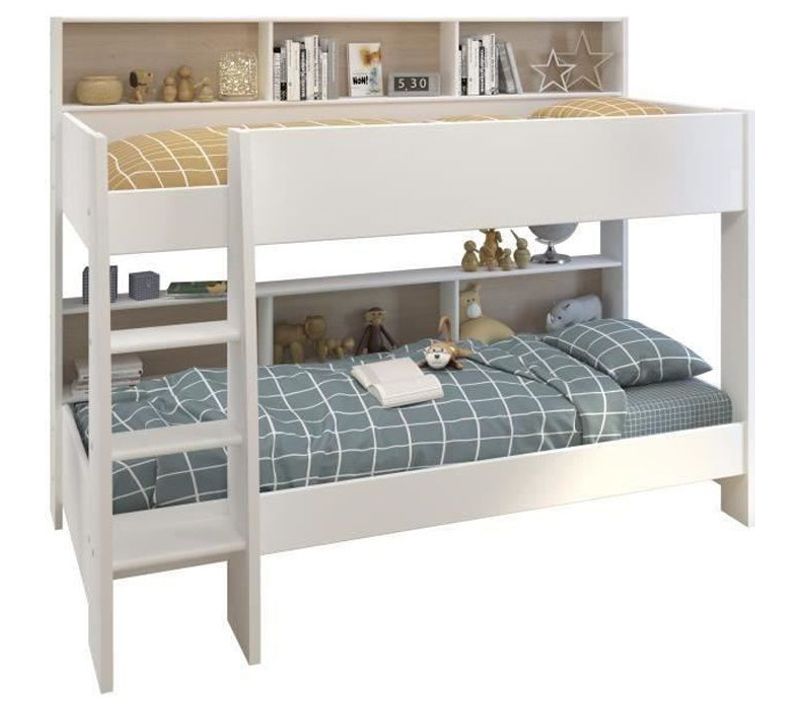 Lits Superposés Enfant - Décor Chêne Et Blanc Ombre - Sommiers Inclus - 2 X 90 X 200 Cm - Jim