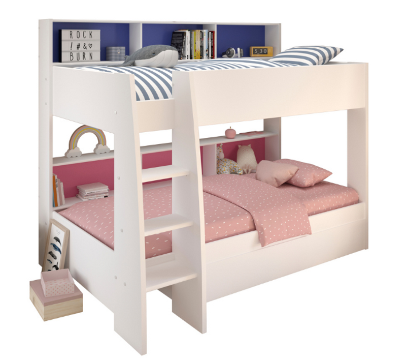 Lit Superposé Leo 90x200cm Avec Tiroir De Lit - Blanc/bleu/rose