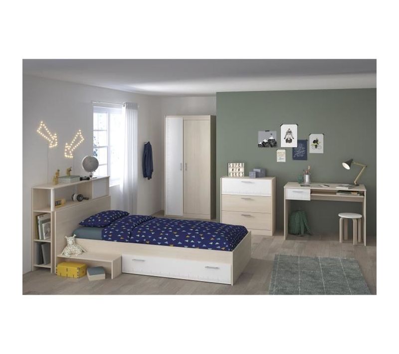 Chambre Enfant Complete - Tete De Lit + Lit + Commode + Armoire + Bureau - Contemporain - Décor Aca