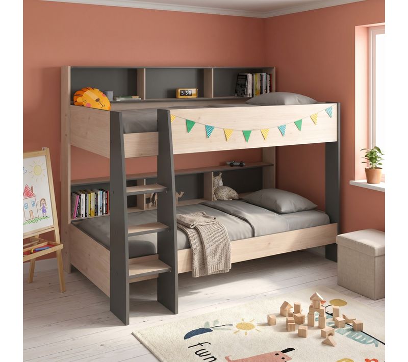 Lit superposé 2x90x200 cm et sommiers inclus CLEO imitation chêne et gris foncé