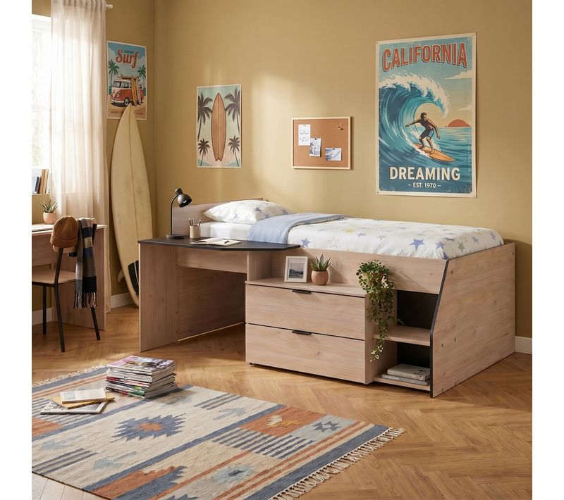 Lit 90x190/200 cm avec bureau intégré CODY imitation chêne et noir
