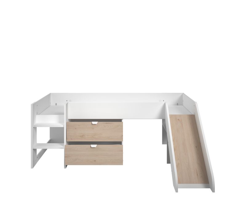 Lit 90x200 cm avec 2 tiroirs et un toboggan TOBO blanc et imitation chêne