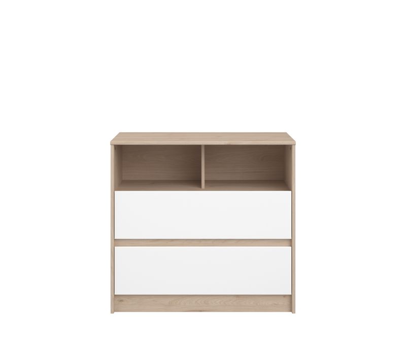 Commode 2 tiroirs 1 niche SHELTER Imitation chêne et blanc
