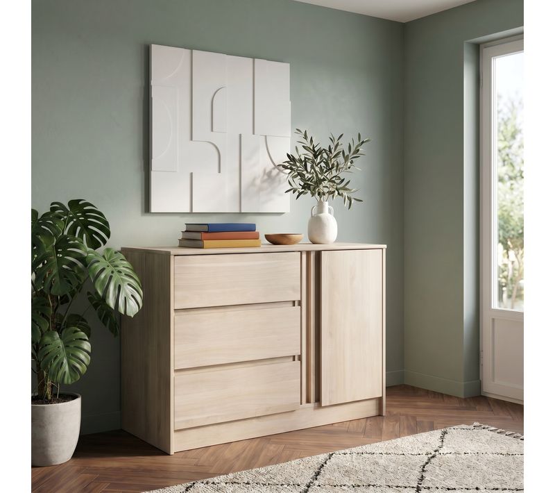 Commode 3 tiroirs 1 porte ESCALE imitation chêne