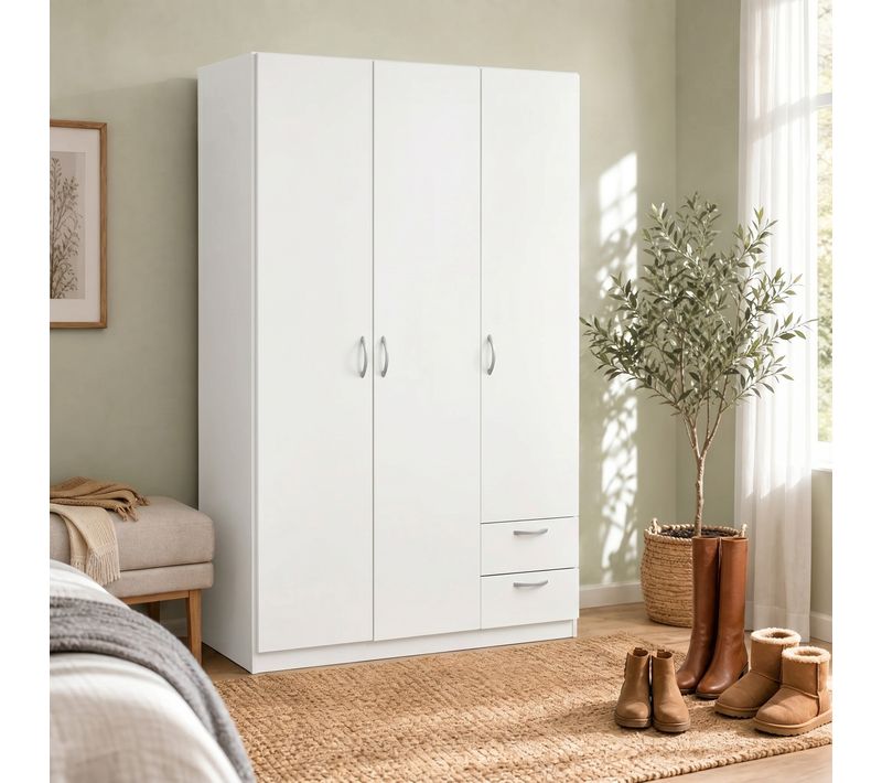 Armoire 3 portes 2 tiroirs L. 120 cm DAILY Blanc