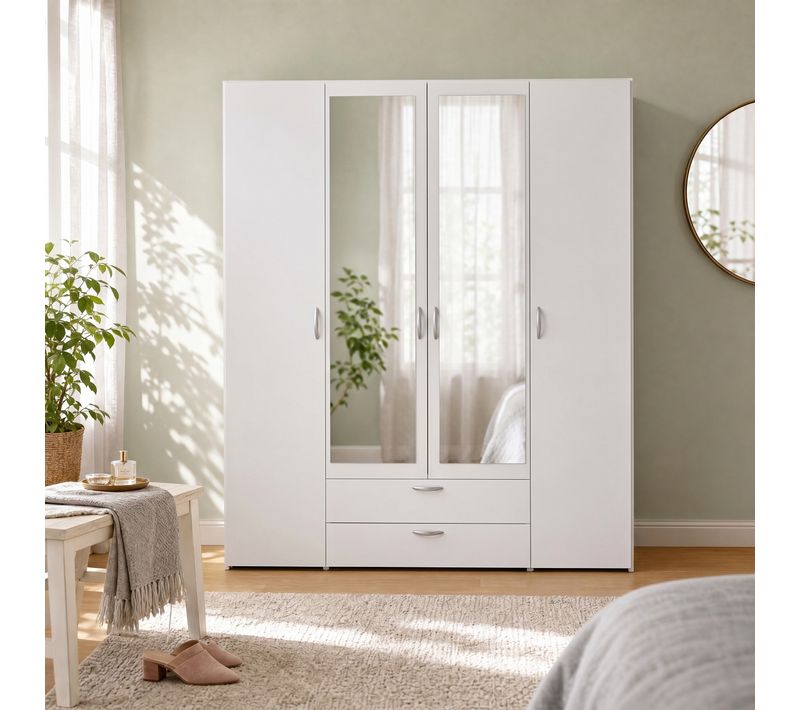 Armoire 4 portes 2 tiroirs L. 160 cm avec miroir DAILY blanc