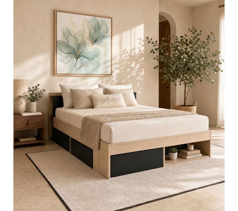 Lit 140x190/200 cm avec rangements PUZZLE imitation chêne et noir