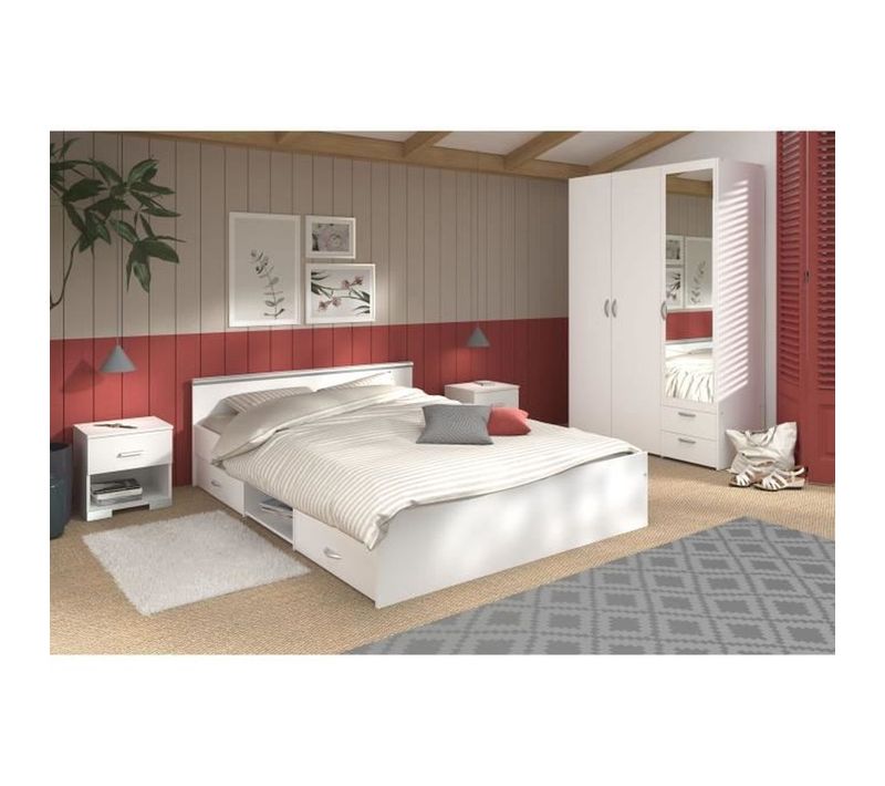 Ensemble Chambre Blanc Mat 140x190 - Lit Tiroirs, Armoire 3 Portes Miroir Et 2 Chevets