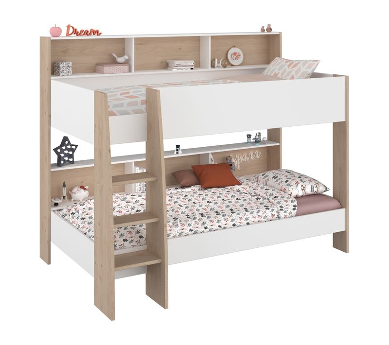 Lit superposé 90x200 cm SHELTER Blanc et imitation chêne