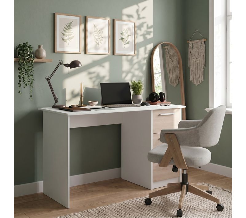 Bureau droit 3 tiroirs INDIRA imitation chêne et blanc