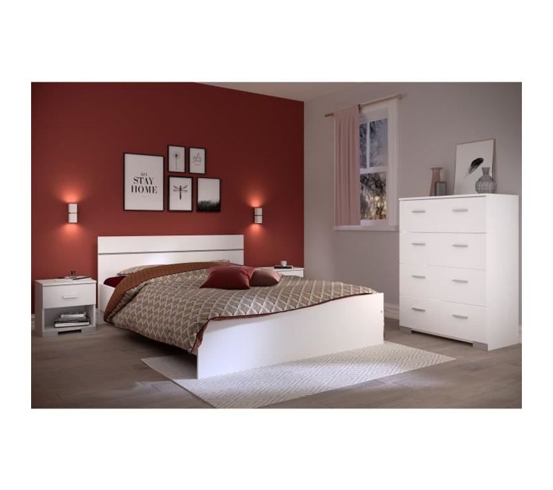 Chambre Complete Boston : Lit Adulte 140x190 + Commode + 2 Chevets - Décor Blanc