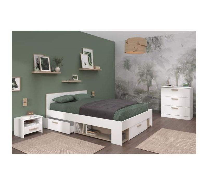 Chambre Complete Adulte Dream : Lit 140x190/200 Cm + 2 Chevets + Commode - Décor Blanc Et Chene -