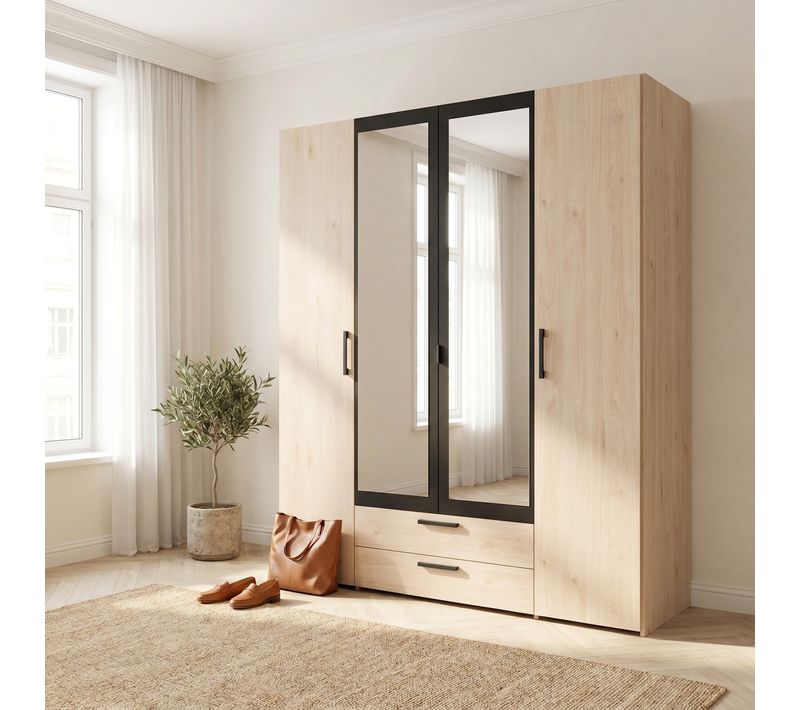 Armoire 4 portes 2 tiroirs L. 160 cm DAILY imitation chêne et noir