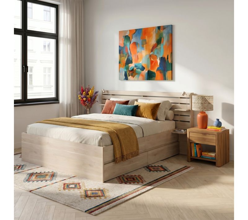 Lit avec rangements 180x200 cm ESCALE imitation chêne