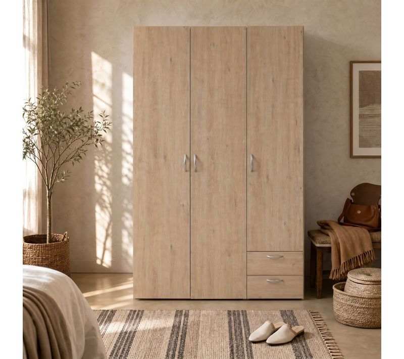 Armoire 3 portes 2 tiroirs L. 120 cm DAILY imitation chêne
