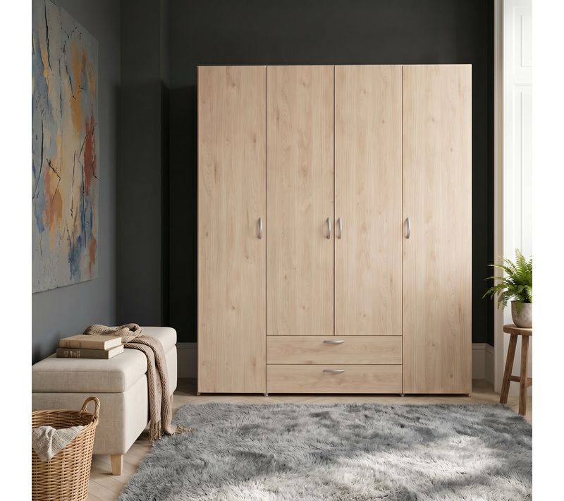 Armoire 4 portes 2 tiroirs L. 160 cm DAILY imitation chêne