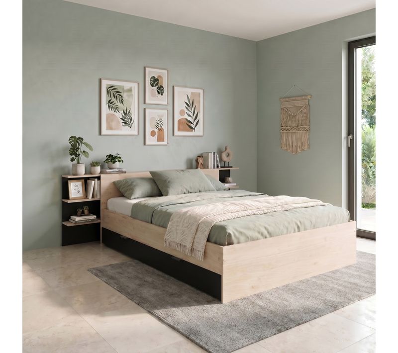 Lit 140x190/200 avec rangements ORNELLA imitation chêne et noir