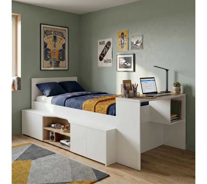 Lit 90x190/200 avec rangements et bureau intégré CLEO imitation chêne et blanc