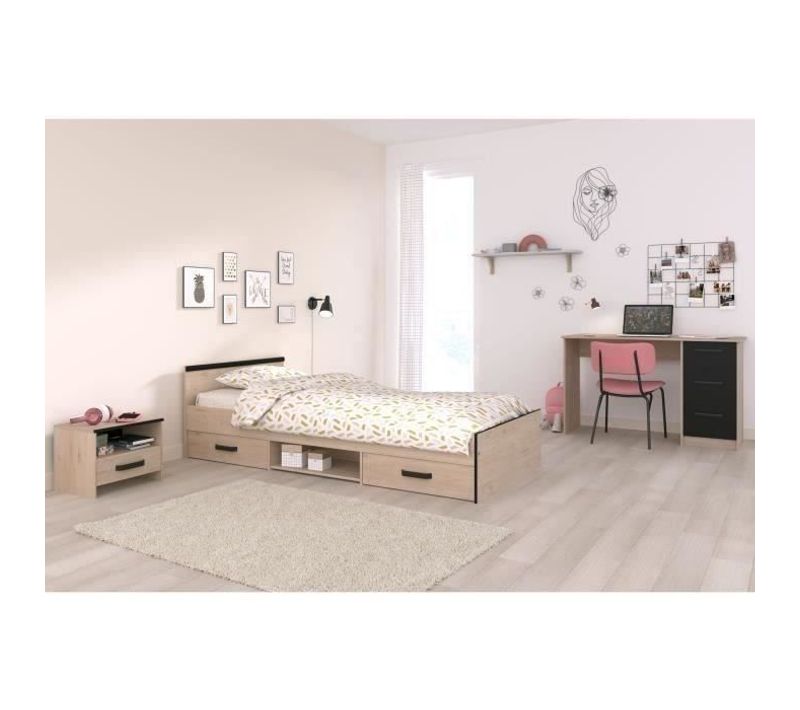 Chambre Complete Enfant 3 Pieces Zodiac - Lit + Chevet + Bureau - Décor Chene/noir - Parisot