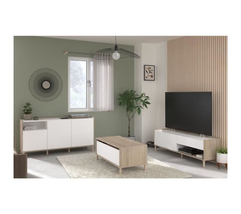 Ensemble Meuble De Salon - Meuble TV, Table Basse, Buffet Bas - Morphos - Décor Blanc / Chene