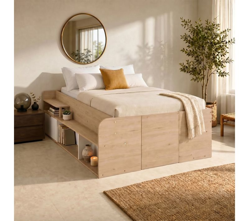 Lit coffre 140x190/200 cm avec sommier relevable TRAVEL imitation chêne et blanc
